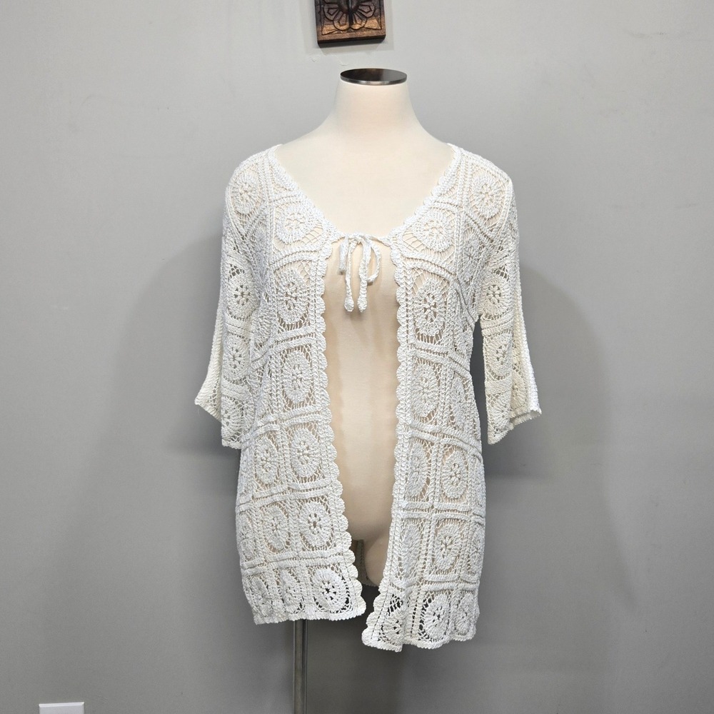 Solitaire Crochet Lace Cardigan Womens 1X White Boho Festival Kimono Cover Up